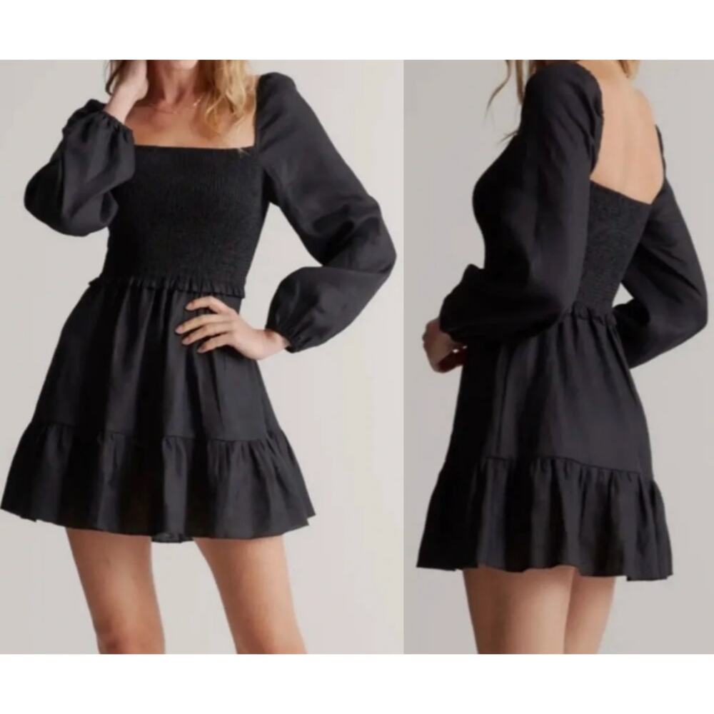 Quince Black European Linen Smocked Mini Dress Long Sleeve Cottagecore Romantic